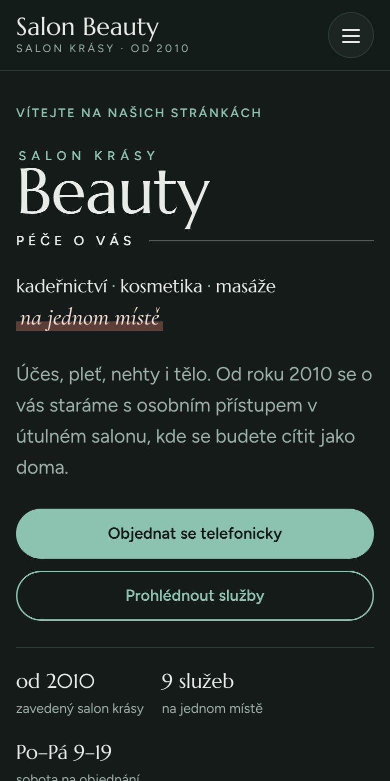 Ilustrativní náhled úvodní stránky nového webu salonu Beauty od Pixel Studia (mobil)
